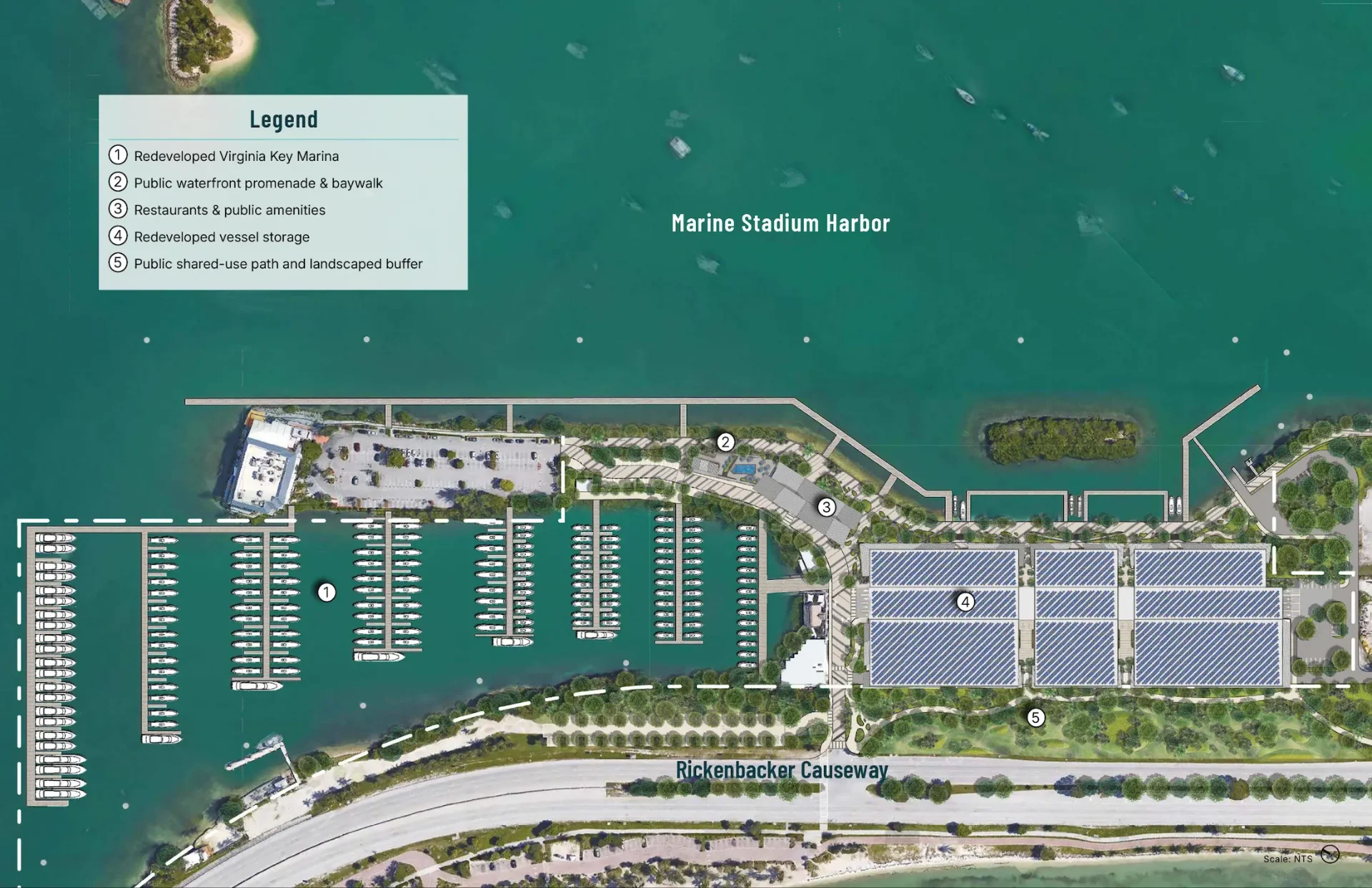 Aerial schematic rendering of the marina plan, boat storage, and parking at Virginia Key